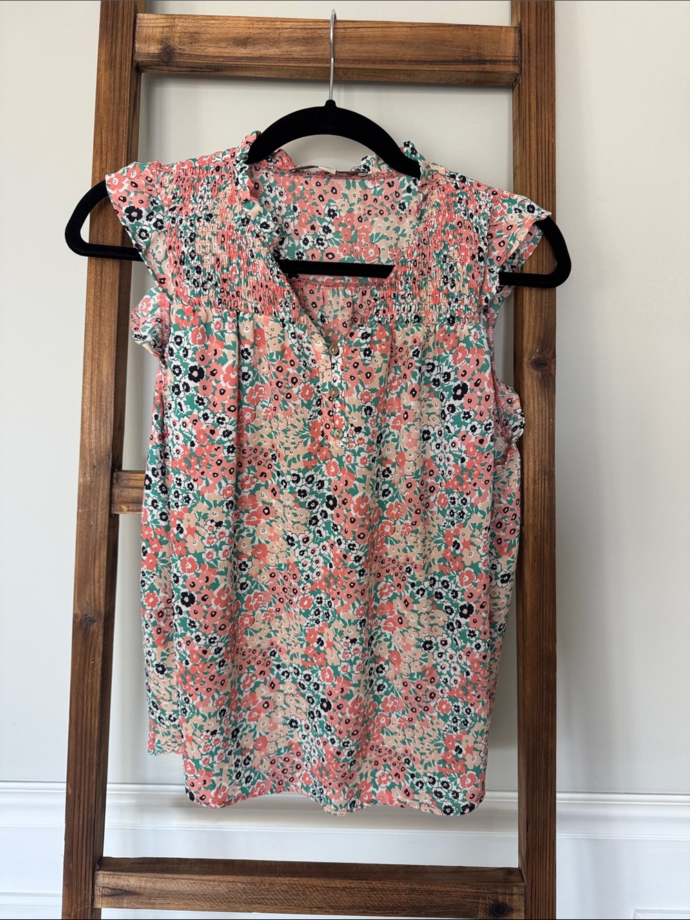 Loft Floral Cap-Sleeve Blouse in Coral and Mint